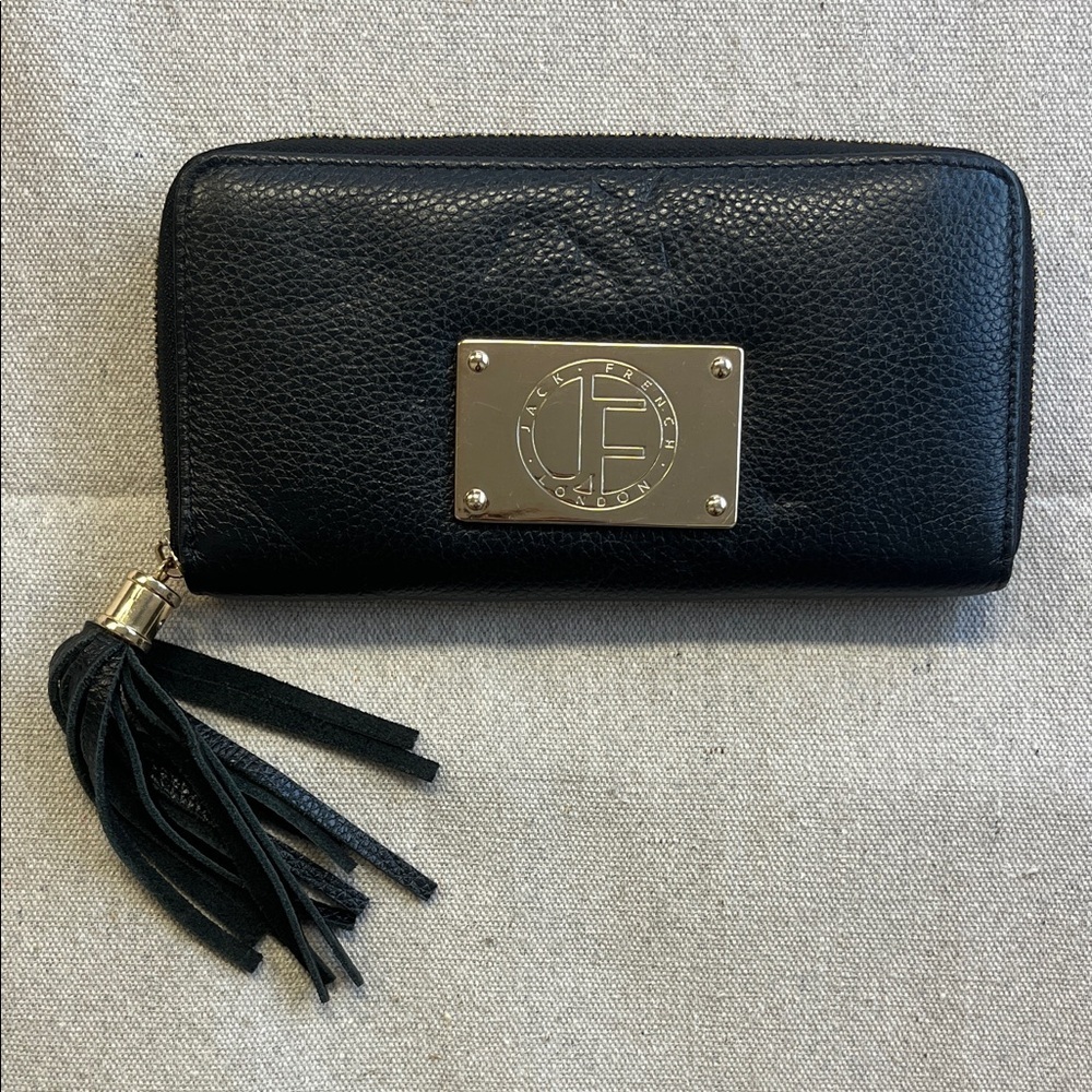 Jack French London Pebbled Leather Zip Wallet Tassel Black Gold Tone